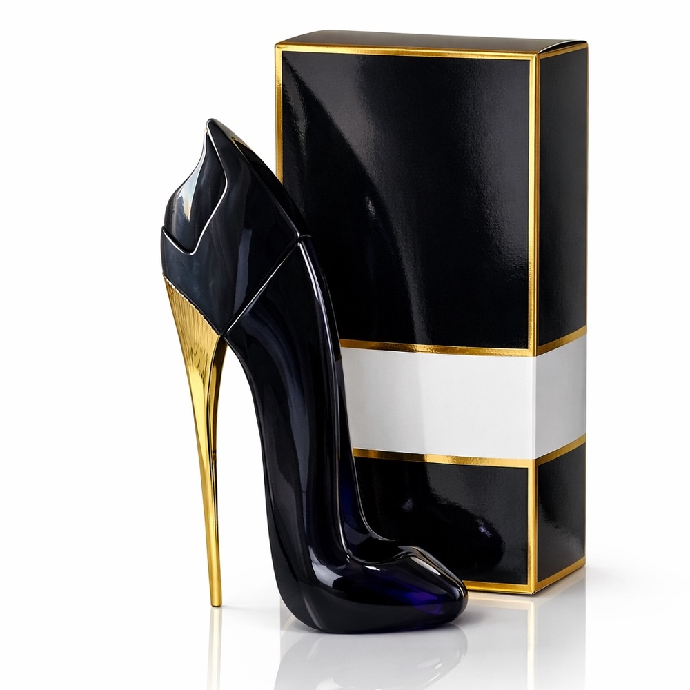 Carolina Herrera black and gold stiletto perfume bottle